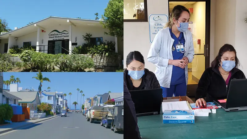 A collage depicts Catalinaville's medical center, a palm-lined street view, and dedicated healthcare workers in masks seated at a table with laptops and medical supplies.