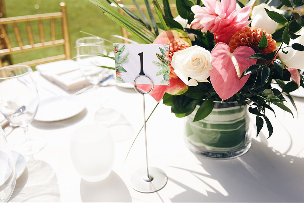Sponsor table setting with fresh pink and white flowers (Catalinaville, 2022)