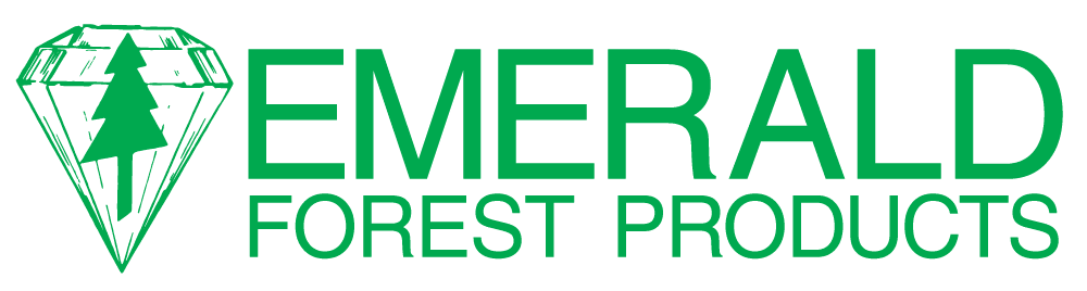 Logo of Emerald Forest Products, featuring a green diamond shape with tree silhouettes reminiscent of Catalinaville's lush landscapes and the company's name in bold green letters.