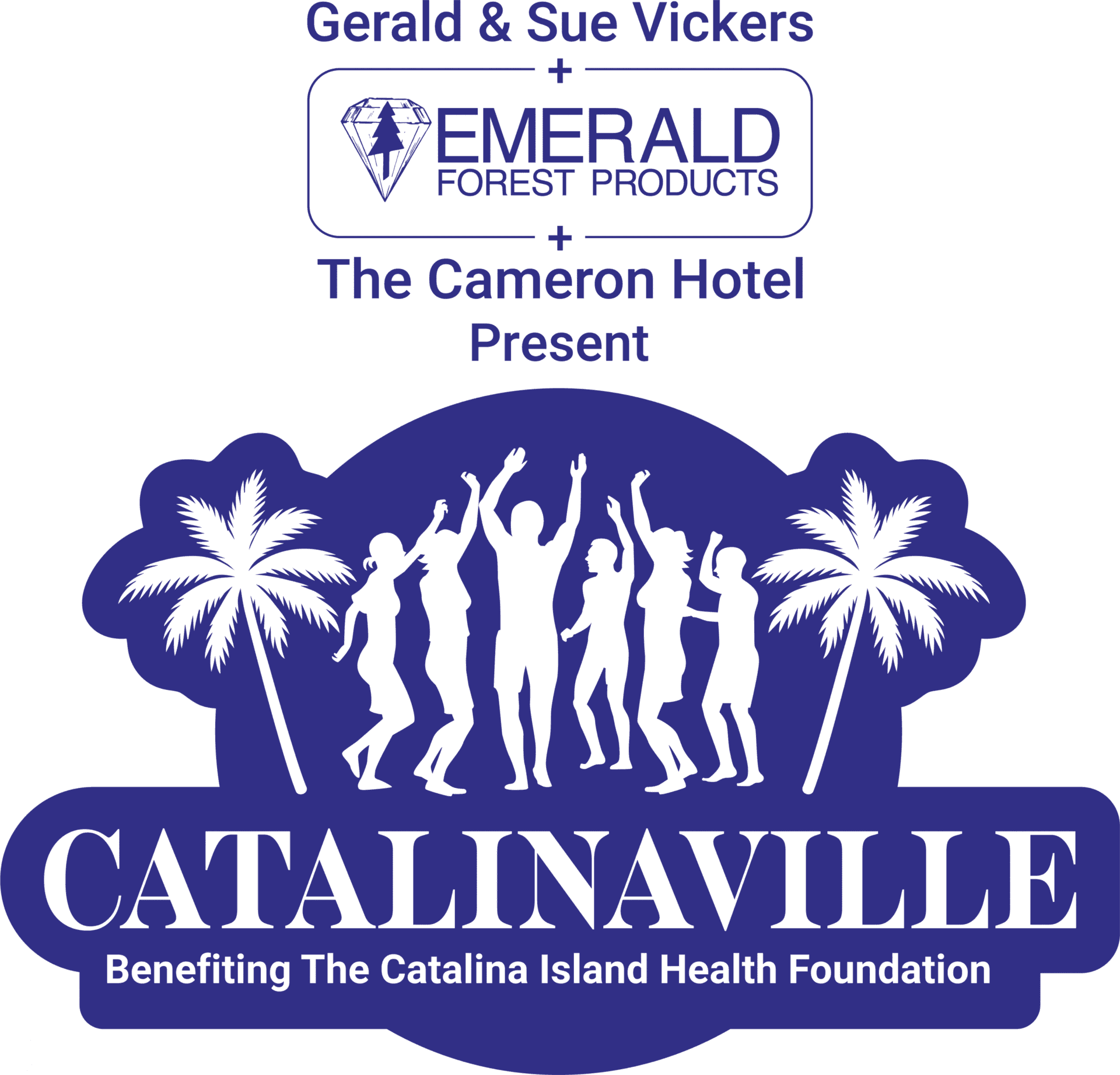 Logo for Catalina Island Health Foundation event with dancing silhouettes and palm trees.